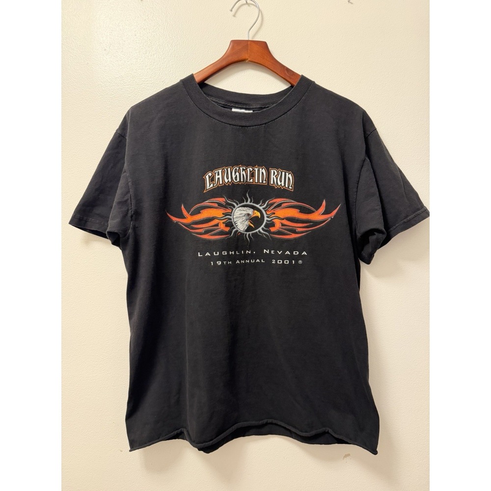 Vintage 2001 Laughlin Run Flaming Eagle Black T Shirt Men's Large Boxy Fit Y2K
